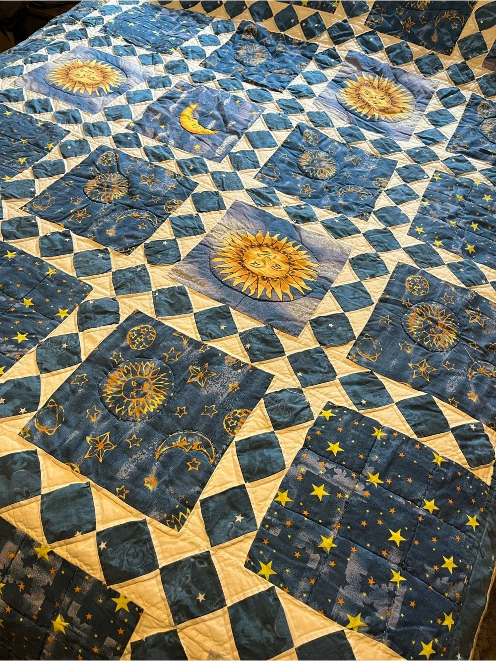 Celestial Sun & Moon Blue Patchwork Quilt Queen Size 86x94 handmade no tag/maker